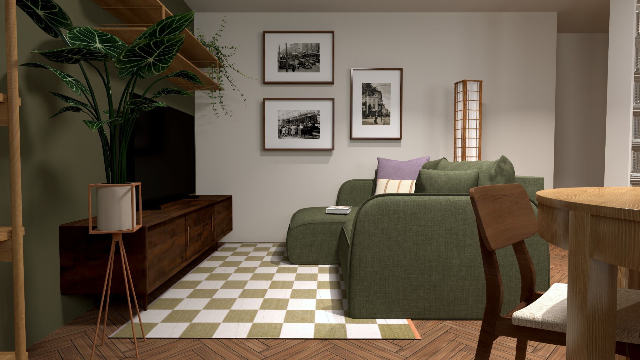 Stylowy salon z zieloną sofą, drewnianą komodą i półkami. Na ścianie wiszą trzy czarno-białe zdjęcia. Parkiet w jodełkę i dywan w szachownicę dodają charakteru.