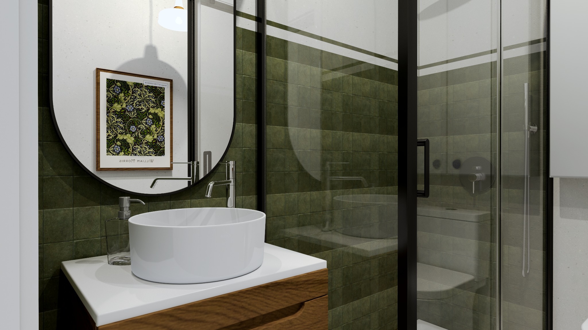 Nowoczesna łazienka z okrągłym lustrem, białą umywalką na drewnianej szafce i kabiną prysznicową z czarnymi ramami, wykończona zieloną płytką.