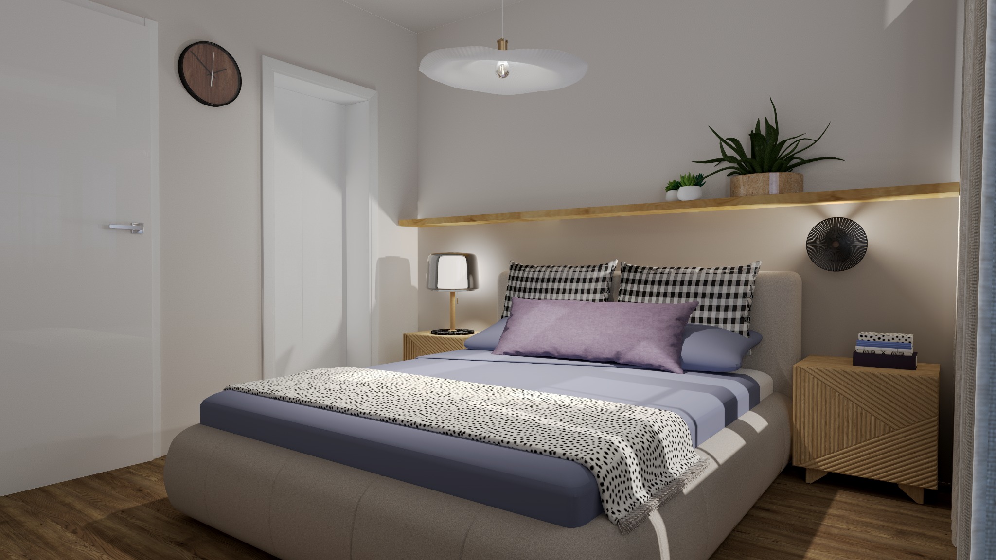 Wizualizacja sypialni: łóżko z fioletową pościelą i wzorzystą narzutą, drewniana półka z roślinami, lampka nocna, okrągły zegar na ścianie, drewniana podłoga.