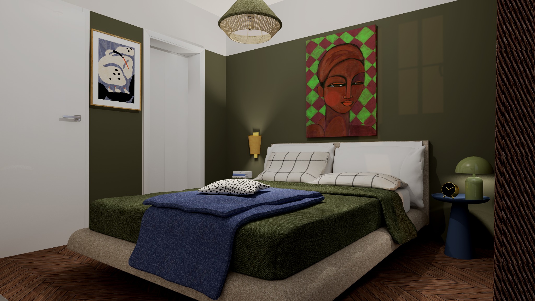 Sypialnia w odcieniach zieleni z obrazami na ścianach. Widoczne łóżko z nakryciem, lampka nocna i dekoracje. Parkiet ułożony w jodełkę.