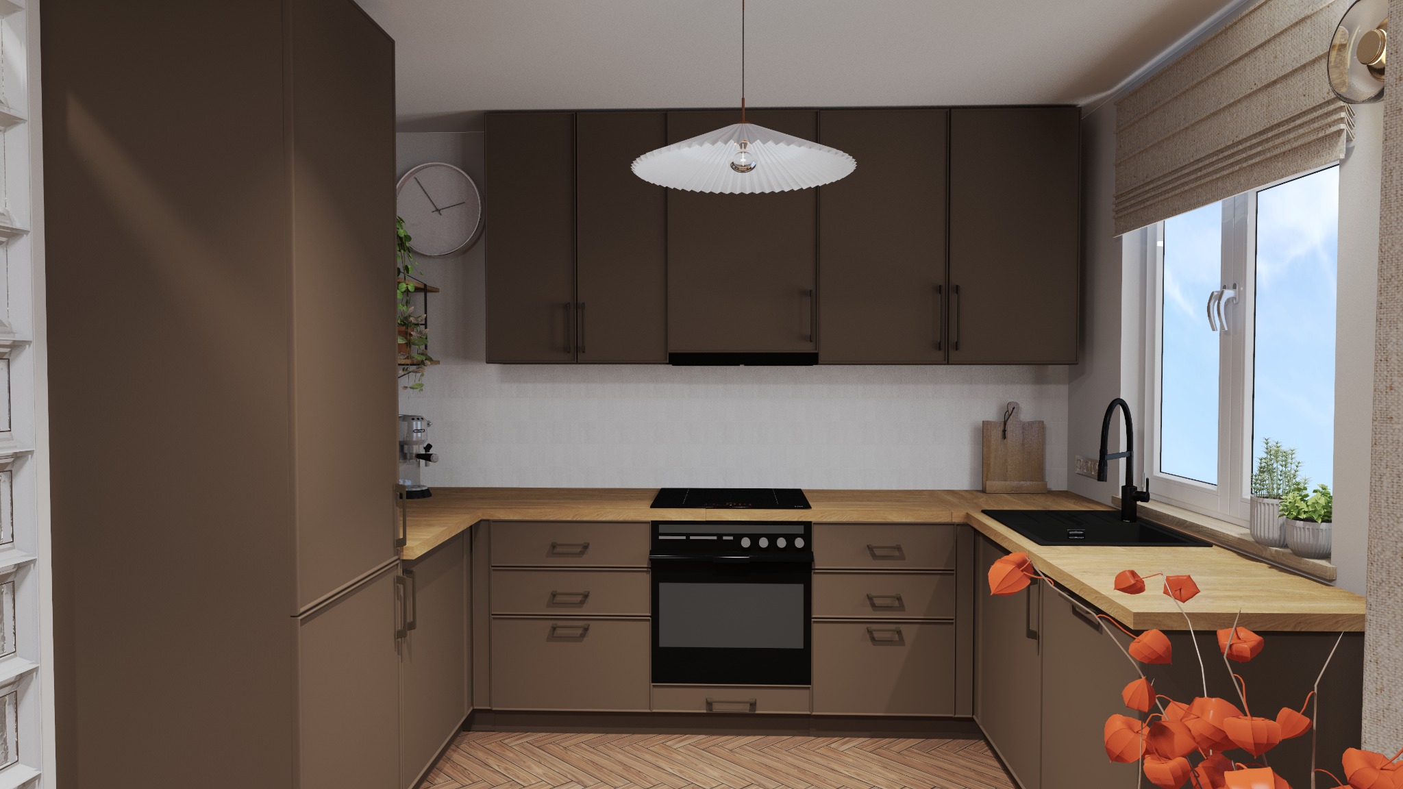 Wizualizacja kuchni w odcieniach brązu z drewnianym blatem, białymi ścianami i parkietem w jodełkę. Nad blatem wisi lampa z plisowanym kloszem.