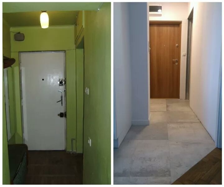 Korytarz przed i po remoncie. Po lewej zielone ściany i stare drzwi, po prawej białe ściany, drewniane drzwi i jasna podłoga z płytek.