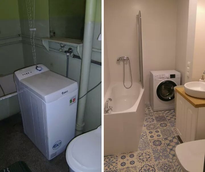 Zdjęcie łazienki przed i po remoncie: stara pralka w zaniedbanym wnętrzu kontra nowoczesna łazienka z wanną, pralką i wzorzystą podłogą.