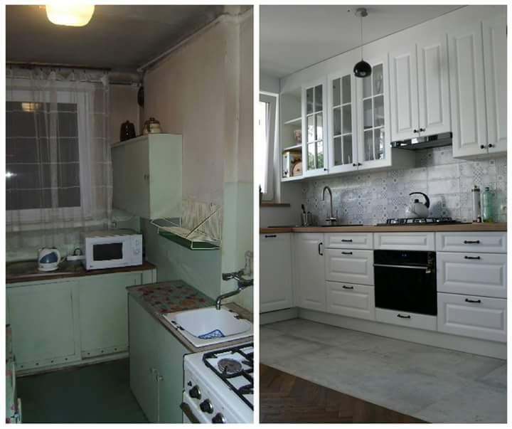 Kuchenna metamorfoza: zestawienie 'przed' z przestarzałymi, zielonymi szafkami i 'po' z nowoczesną, białą zabudową, wzorzystymi płytkami i minimalistycznym oświetleniem.