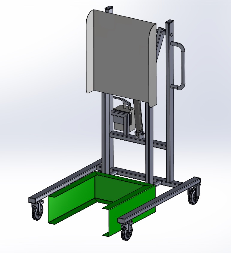 Model 3D wózka podnośnikowego z zielonymi elementami konstrukcyjnymi, widok z perspektywy, na białym tle. Prezentacja projektu inżynieryjnego.