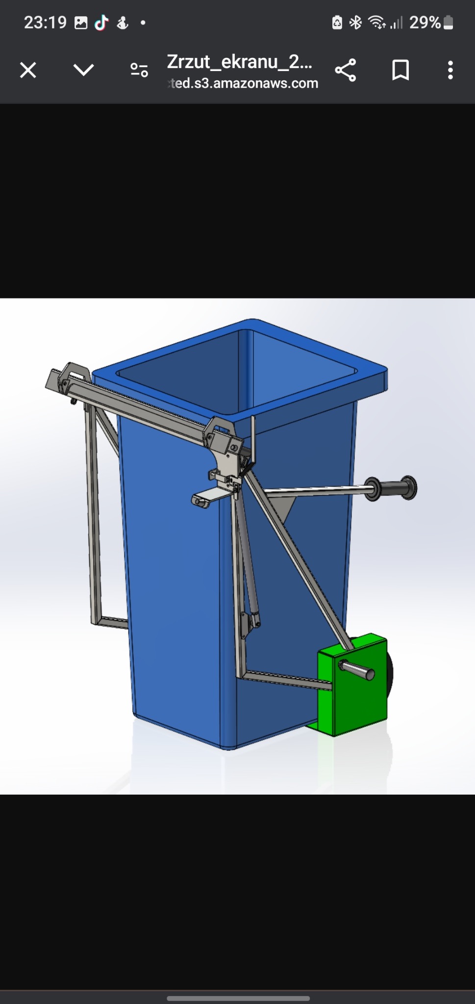 Model 3D niebieskiego pojemnika z metalową konstrukcją wsporczą i zielonym mechanizmem, prezentujący projekt inżynieryjny z wyraźnym naciskiem na detale mechaniczne.