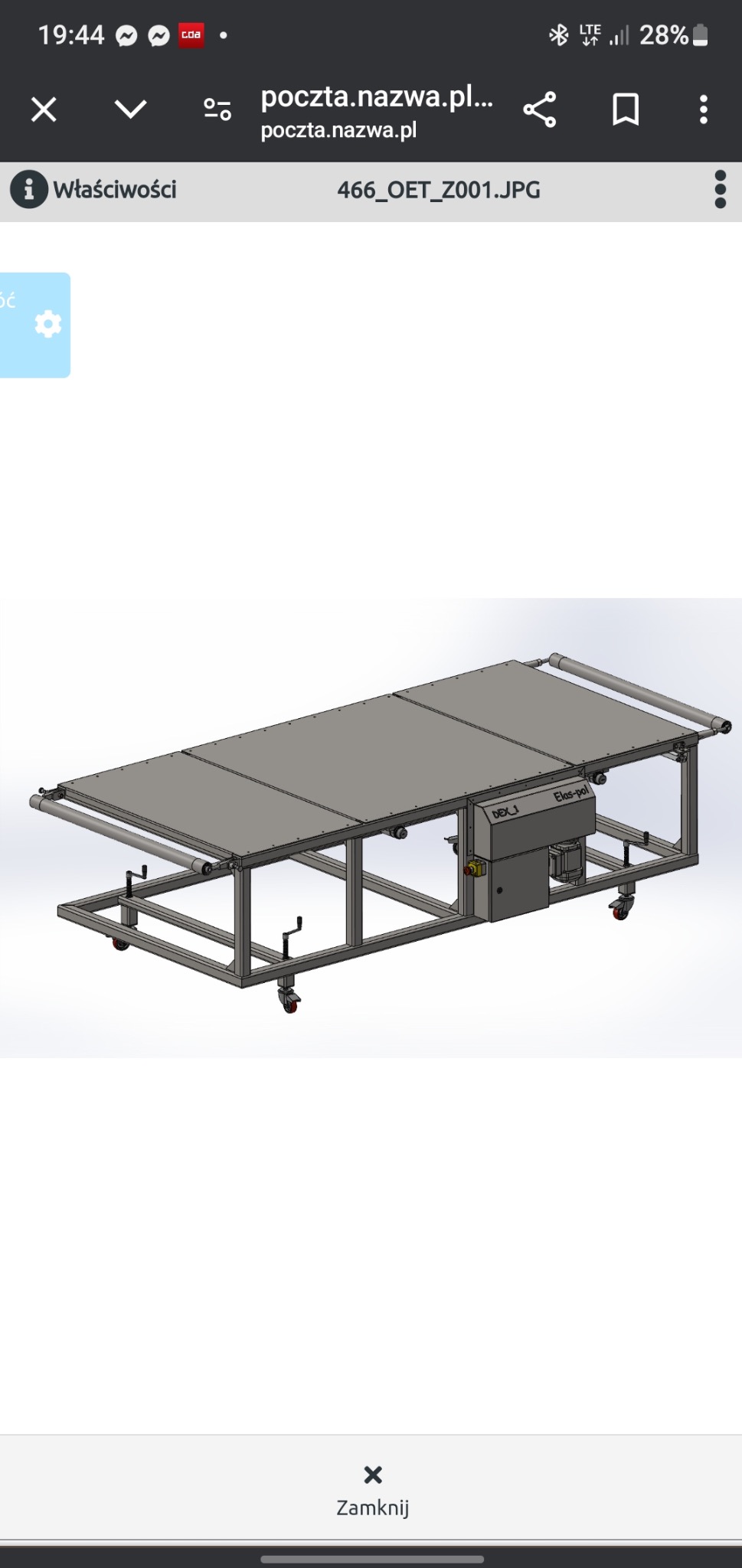 Model 3D stołu roboczego na kółkach z metalową konstrukcją i blatem podzielonym na segmenty. Widoczny panel sterowania z napisem DEXJ Elas-pol.