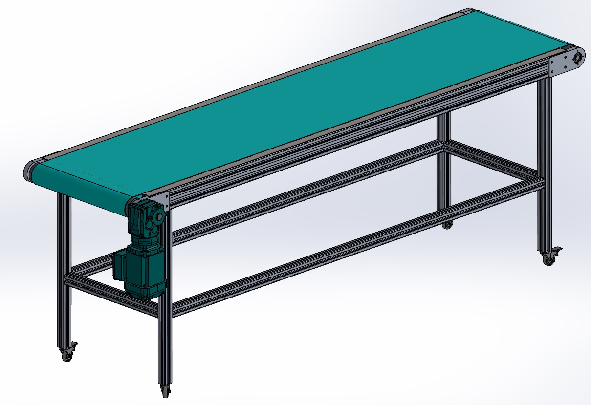 Model 3D transportera taśmowego z silnikiem i ramą z profili aluminiowych na kółkach, widok z perspektywy.