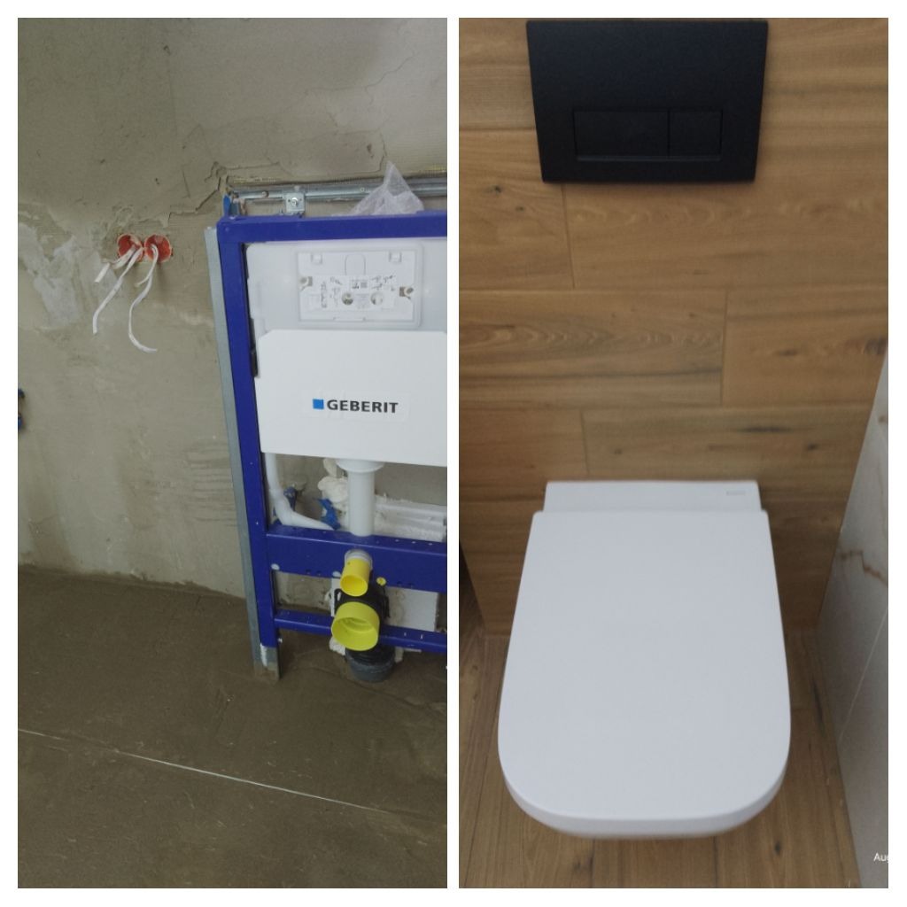Porównanie: surowa ściana z instalacją Geberit vs. wykończona toaleta z drewnopodobnymi płytkami i czarnym przyciskiem spłukującym. Etapy prac wykończeniowych.