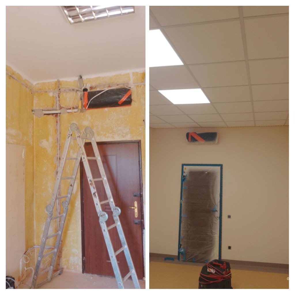 Zdjęcie 'przed i po' przedstawia remont pokoju: od surowych ścian z instalacją elektryczną i drabiną, do wykończonego wnętrza z sufitem podwieszanym i pomalowanymi ścianami.