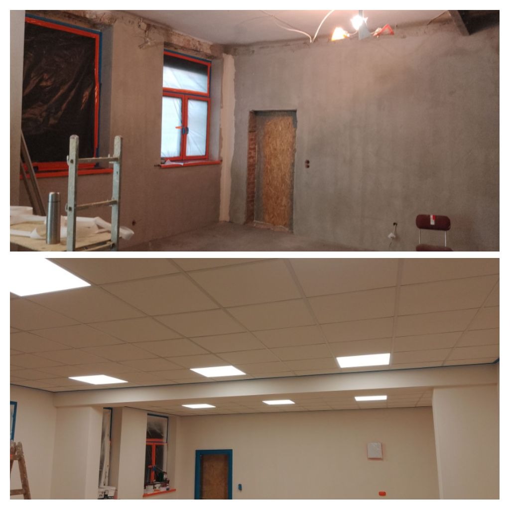 Zdjęcie 'przed i po' remontu pokoju: surowe ściany i okna zabezpieczone folią, a następnie odnowione wnętrze z podwieszanym sufitem i pomalowanymi ścianami.