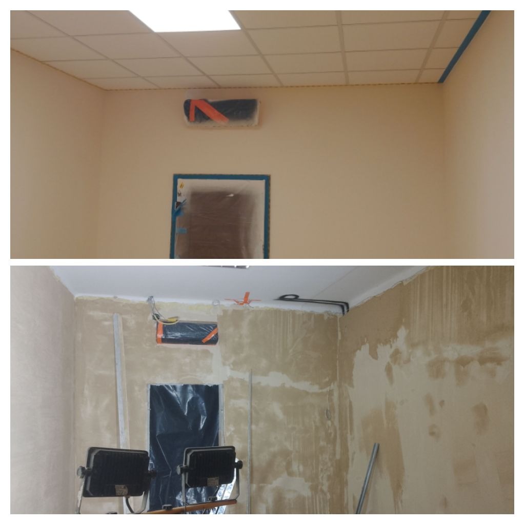 Porównanie: sufit podwieszany kasetonowy przed i po montażu. Widoczne przygotowane ściany do malowania i zabezpieczony klimatyzator.