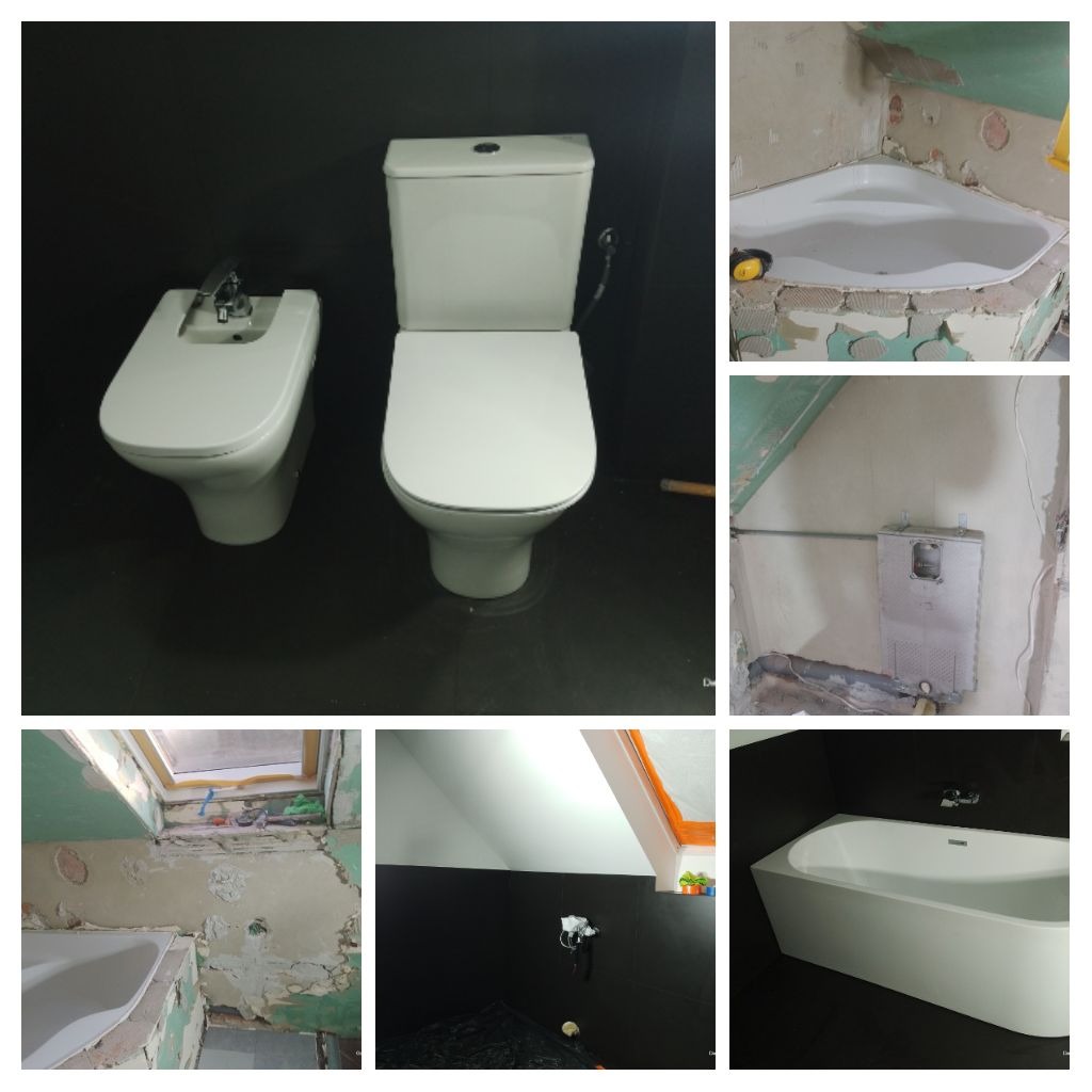 Kolaż: łazienka przed i po. Nowa biała wanna i toaleta na tle czarnych płytek, w kontraście do surowych ścian w trakcie remontu. Widoczne etapy prac wykończeniowych.