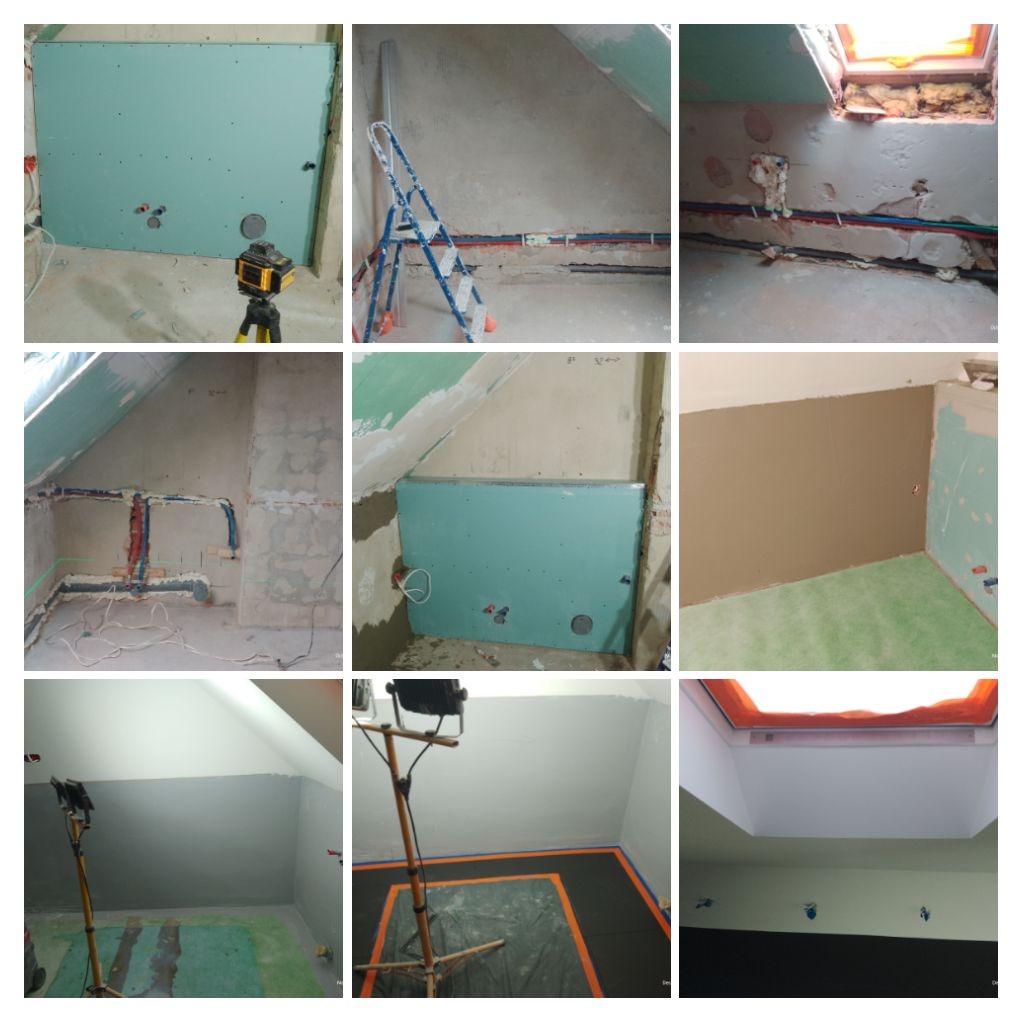 Kolaż z remontu poddasza: płyta G-K, instalacje, szpachlowanie, oświetlenie. Widoczne etapy prac, od surowego stanu po częściowe wykończenie. Skosy, okno dachowe.