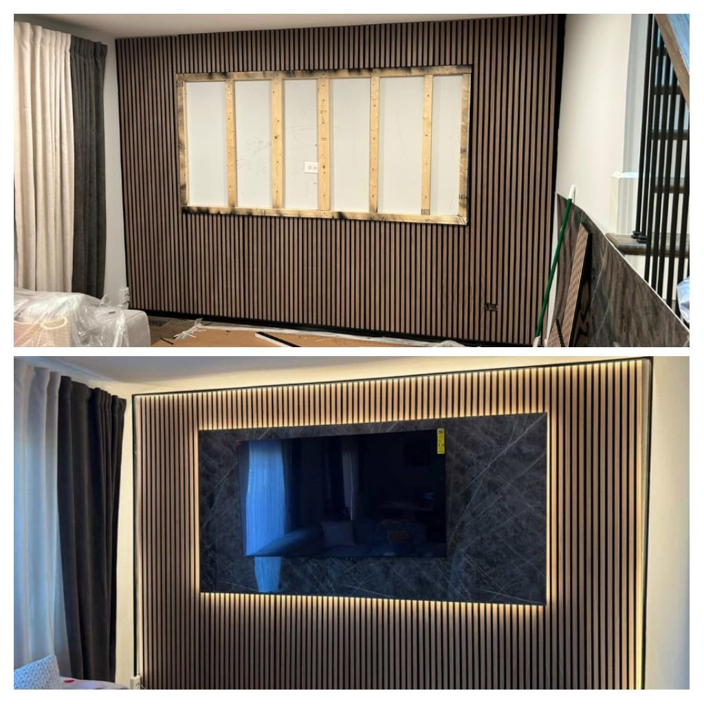 Ściana z paneli drewnianych: etap montażu i efekt końcowy z podświetleniem LED wokół TV. Widoczne detale wykończenia i aranżacji wnętrza.