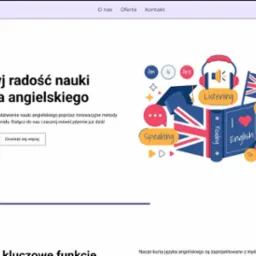 Strona internetowa szkółki językowej z grafiką ilustrującą naukę angielskiego: słuchawki, flaga brytyjska, książka z napisem 'I love English', czapka absolwenta, dymki z napisami 'Speaking'...