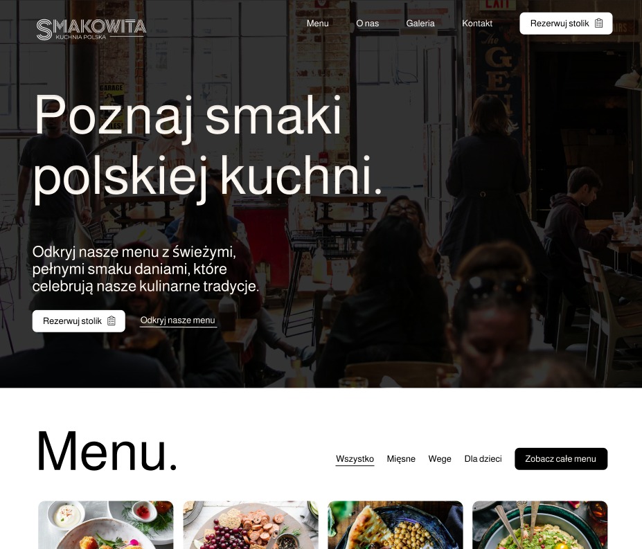 Strona internetowa restauracji z polską kuchnią, prezentująca menu, opcję rezerwacji stolika i kod QR.