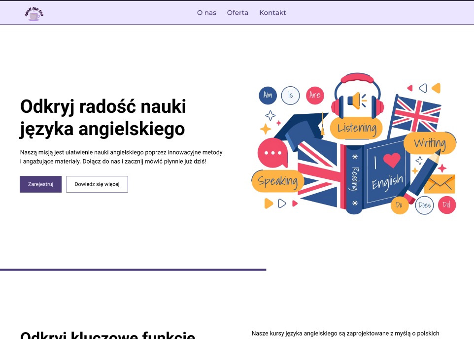 Strona internetowa szkółki językowej z grafiką ilustrującą naukę angielskiego: słuchawki, flaga brytyjska, książka z napisem 'I love English', czapka absolwenta, dymki z napisami 'Speaking'...