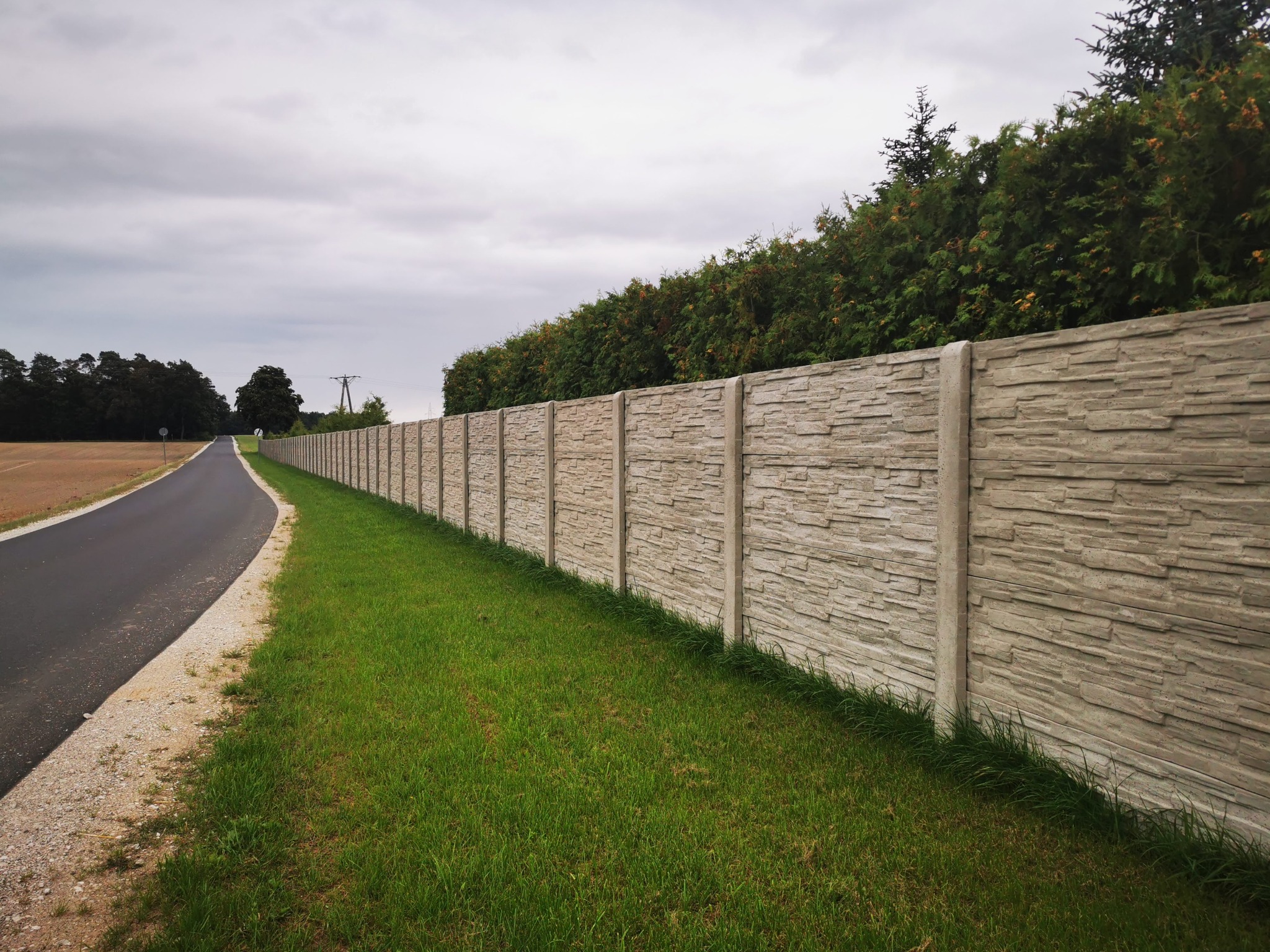 Długi, szary, betonowy mur o fakturze kamienia, oddzielający jezdnię od trawnika i żywopłotu z tui, w tle pole i drzewa.