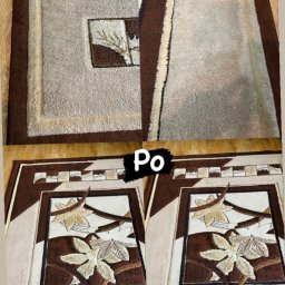Pranie Tąpiecerki Clean_Service - Dywan z geometrycznym wzorem i motywem liści, podzielony na dwie części: górna, zabrudzona, z napisem 'Przed', i dolna, czysta, z napisem 'Po'.