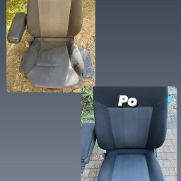 Pranie Tąpiecerki Clean_Service - Tapicerowane siedzenie samochodowe: widok przed i po czyszczeniu, prezentujący wyraźną różnicę w kolorze i czystości tkaniny.