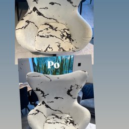 Pranie Tąpiecerki Clean_Service - Kolaż przedstawiający fotel obrotowy z tapicerką w marmurkowy wzór przed i po czyszczeniu, widoczne różnice w czystości tapicerki.