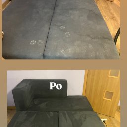 Pranie Tąpiecerki Clean_Service - Szary narożnik modułowy: widok przed z plamami łap zwierząt i po czyszczeniu, ukazujący wyraźną różnicę w czystości tapicerki.