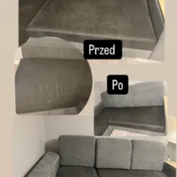 Kolaż przedstawiający narożnik z szarej tapicerki przed i po czyszczeniu, z widocznymi plamami na części 'przed' i odświeżonym wyglądem na części 'po'.