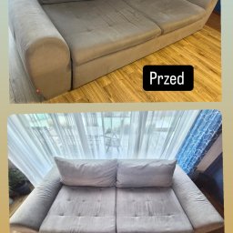 Pranie Tąpiecerki Clean_Service - Porównanie stanu sofy przed i po czyszczeniu: widoczne różnice w odcieniu i czystości tapicerki, jasne drewniane panele podłogowe w obu ujęciach.