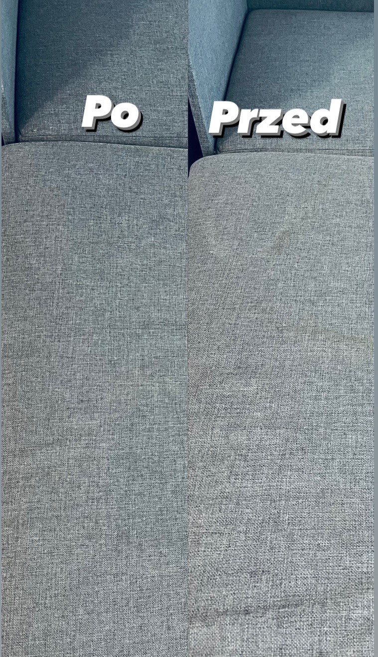 Szara kanapa z widoczną różnicą w czystości tapicerki: po lewej stronie 'po' czyszczeniu, po prawej 'przed', z widocznymi plamami.