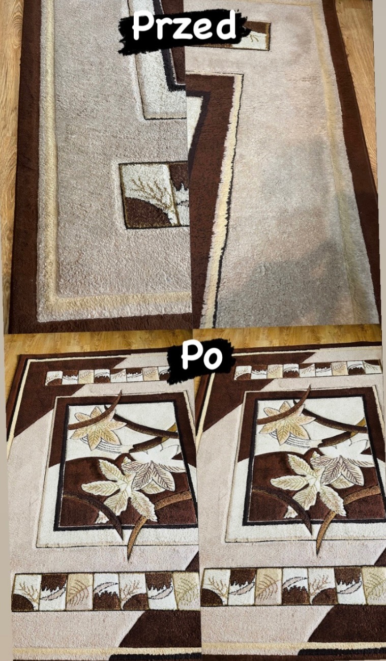 Dywan z geometrycznym wzorem i motywem liści, podzielony na dwie części: górna, zabrudzona, z napisem 'Przed', i dolna, czysta, z napisem 'Po'.