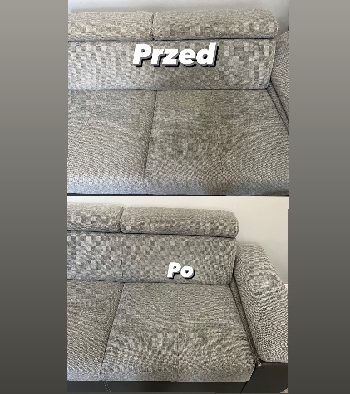 Szara kanapa modułowa: porównanie stanu przed i po czyszczeniu. Na górze widoczna wyraźna plama na siedzisku, na dole ten sam fragment kanapy po usunięciu zabrudzenia.