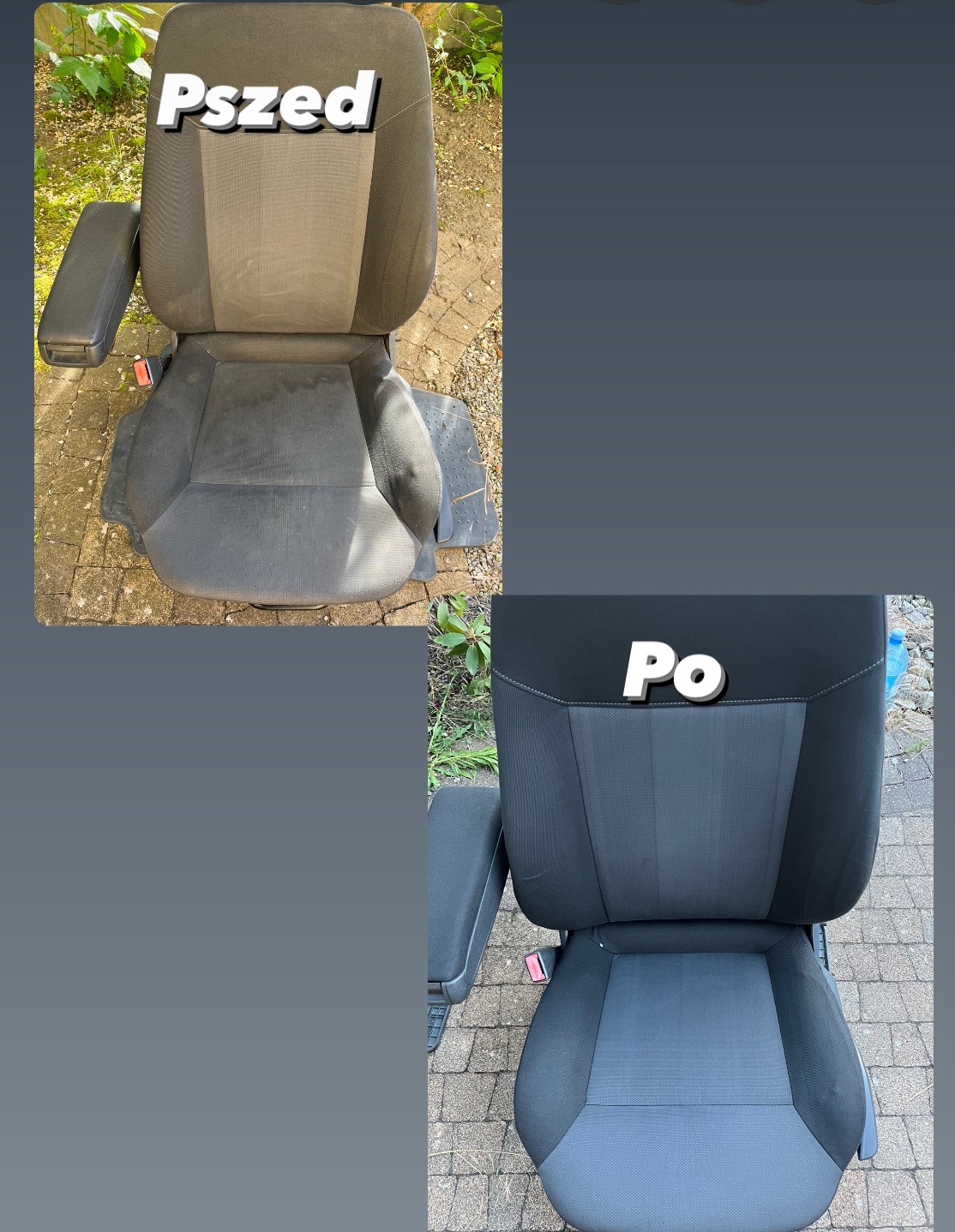 Tapicerowane siedzenie samochodowe: widok przed i po czyszczeniu, prezentujący wyraźną różnicę w kolorze i czystości tkaniny.