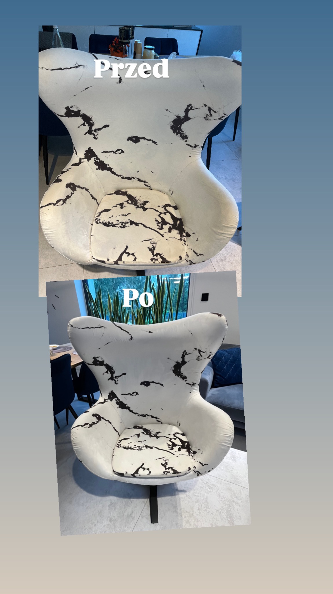 Kolaż przedstawiający fotel obrotowy z tapicerką w marmurkowy wzór przed i po czyszczeniu, widoczne różnice w czystości tapicerki.