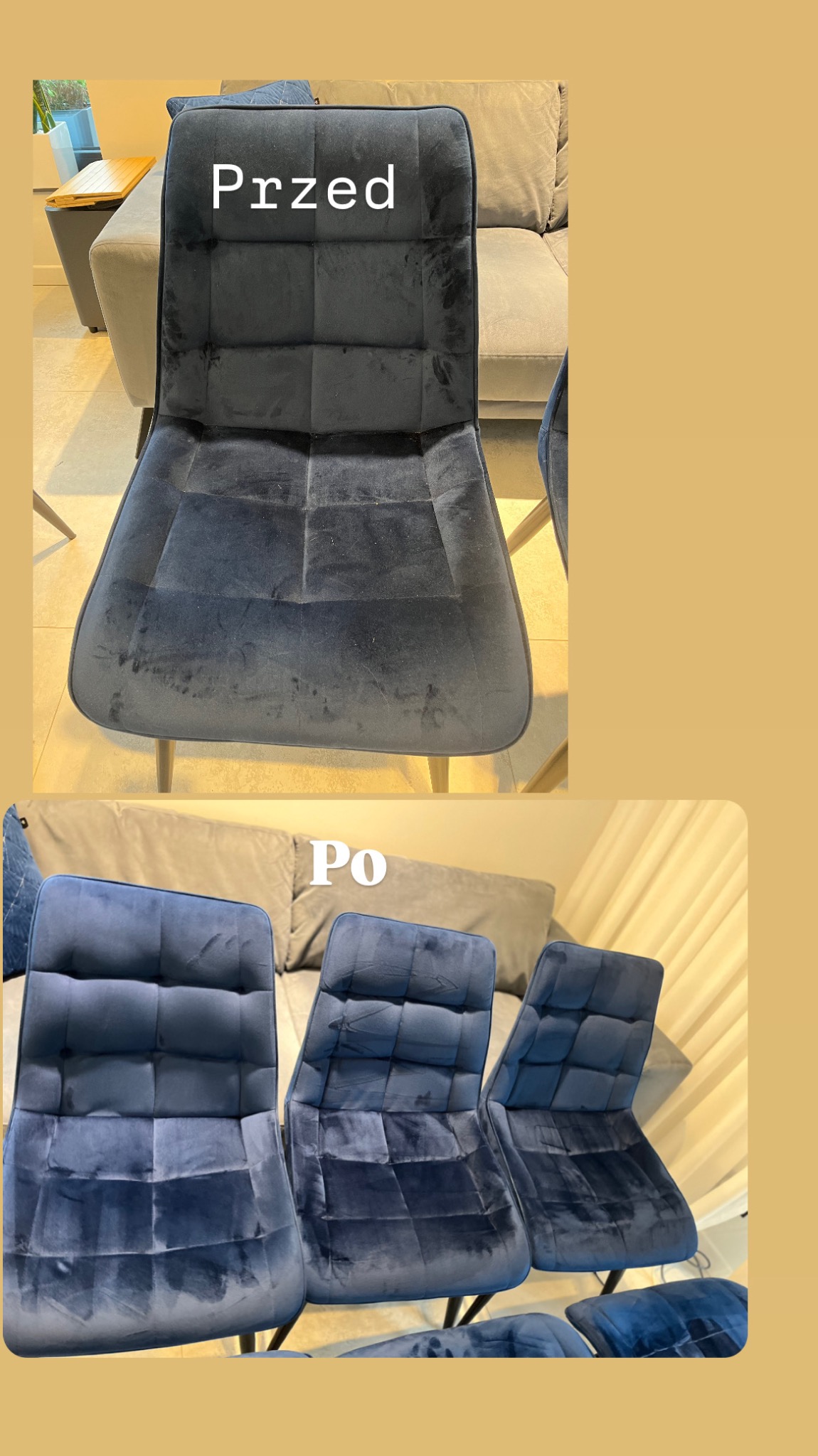 Dwa ujęcia tego samego krzesła: górne pokazuje krzesło z ciemnej tapicerki przed czyszczeniem, z widocznymi plamami; dolne ukazuje trzy wyczyszczone krzesła z odświeżoną tapicerką.