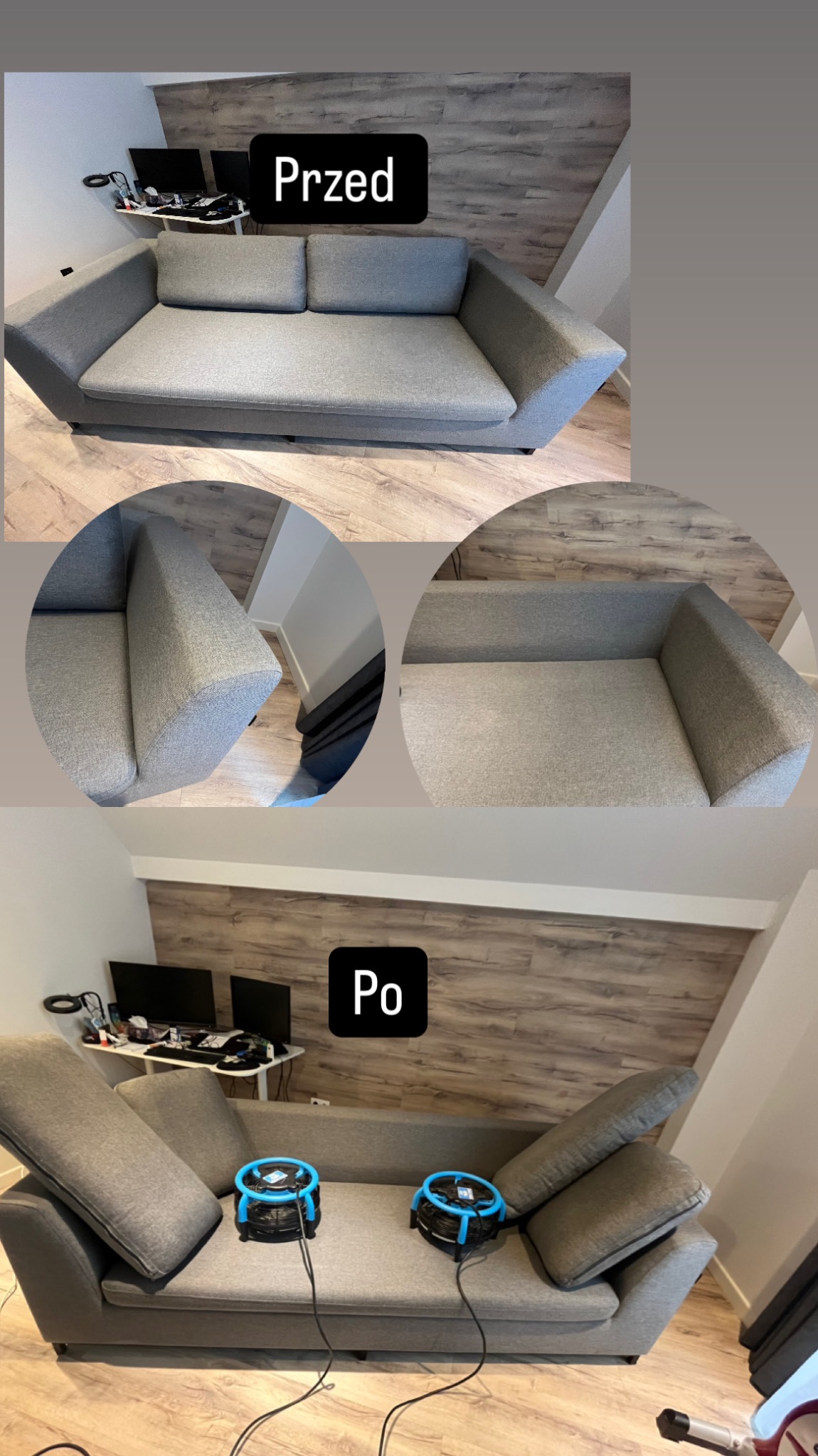Szara kanapa przed i po czyszczeniu, z użyciem dwóch wentylatorów suszących, na tle ściany z panelami drewnopodobnymi.