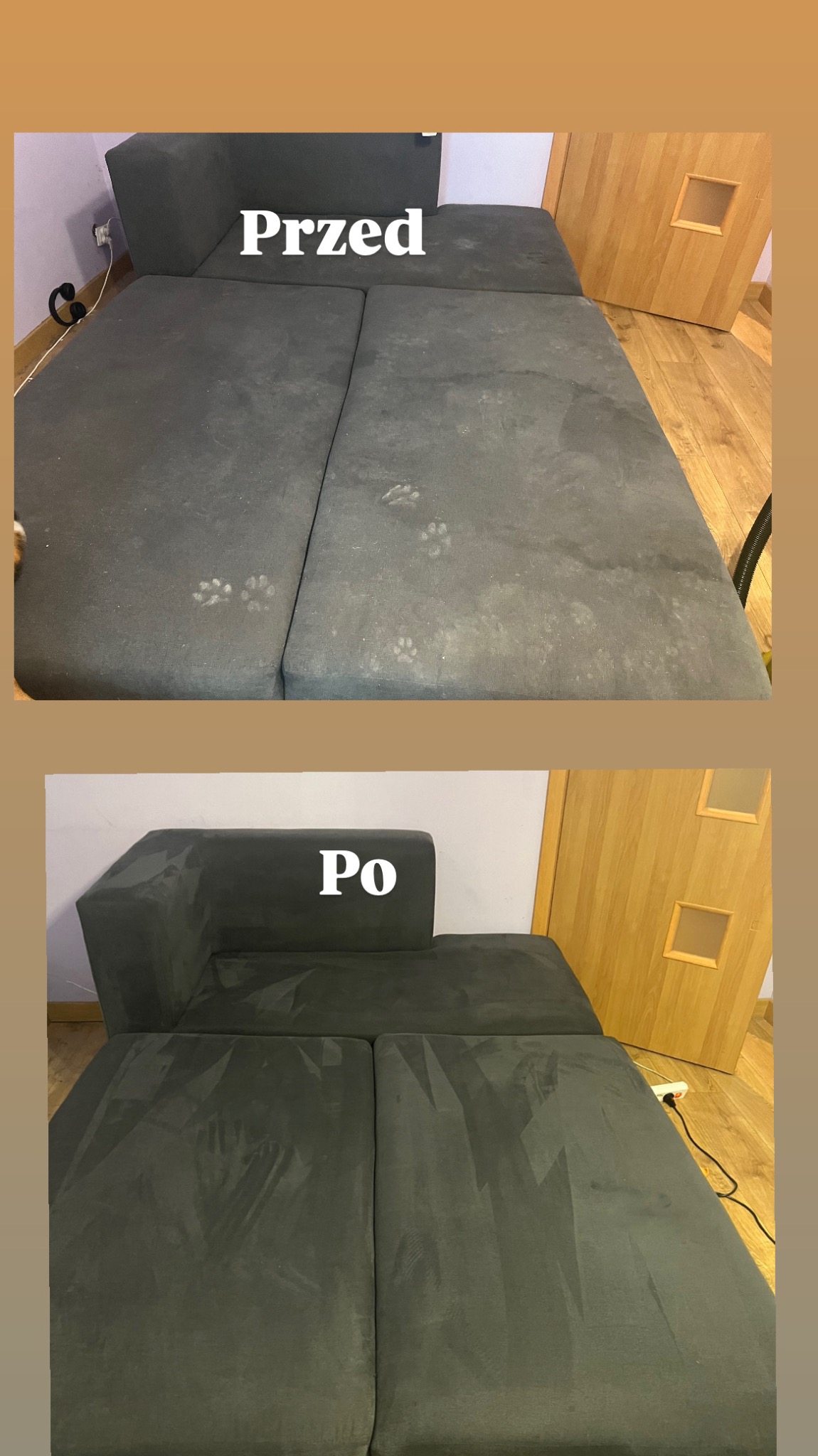 Szary narożnik modułowy: widok przed z plamami łap zwierząt i po czyszczeniu, ukazujący wyraźną różnicę w czystości tapicerki.