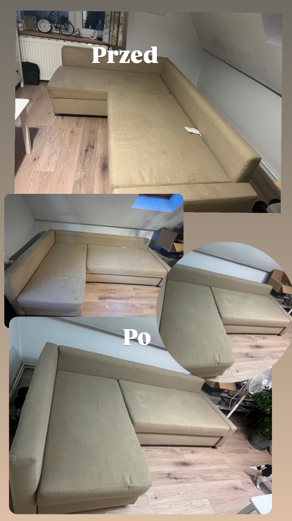 Zdjęcie przedstawia narożnik z beżową tapicerką, ujęcie typu 'przed i po' prezentujące efekt prania. Widoczne różnice w czystości tapicerki, szczególnie na siedziskach i oparciach.