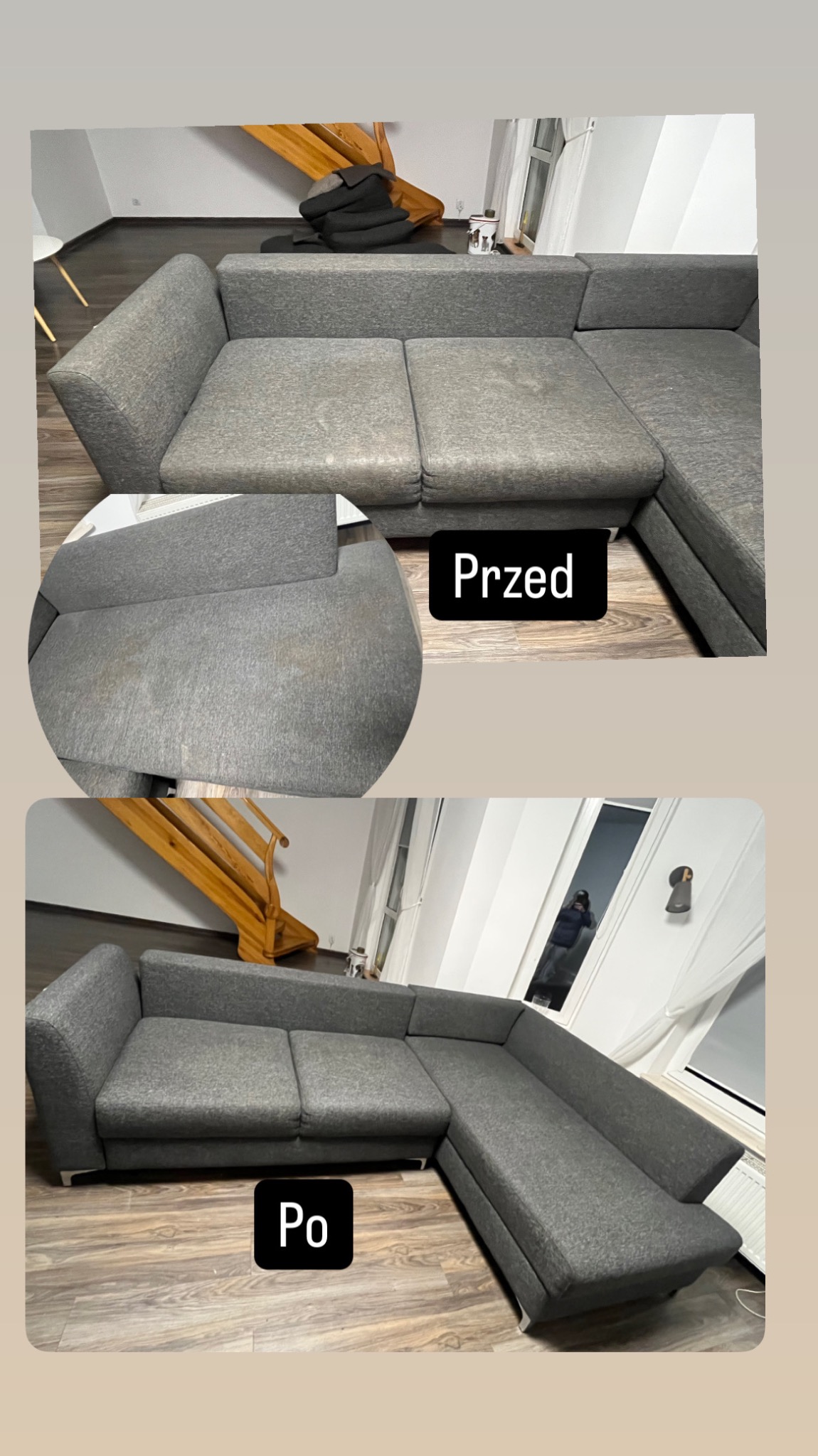 Zdjęcie porównawcze: narożnik z szarej tkaniny przed i po czyszczeniu, widoczne różnice w wyglądzie tapicerki.