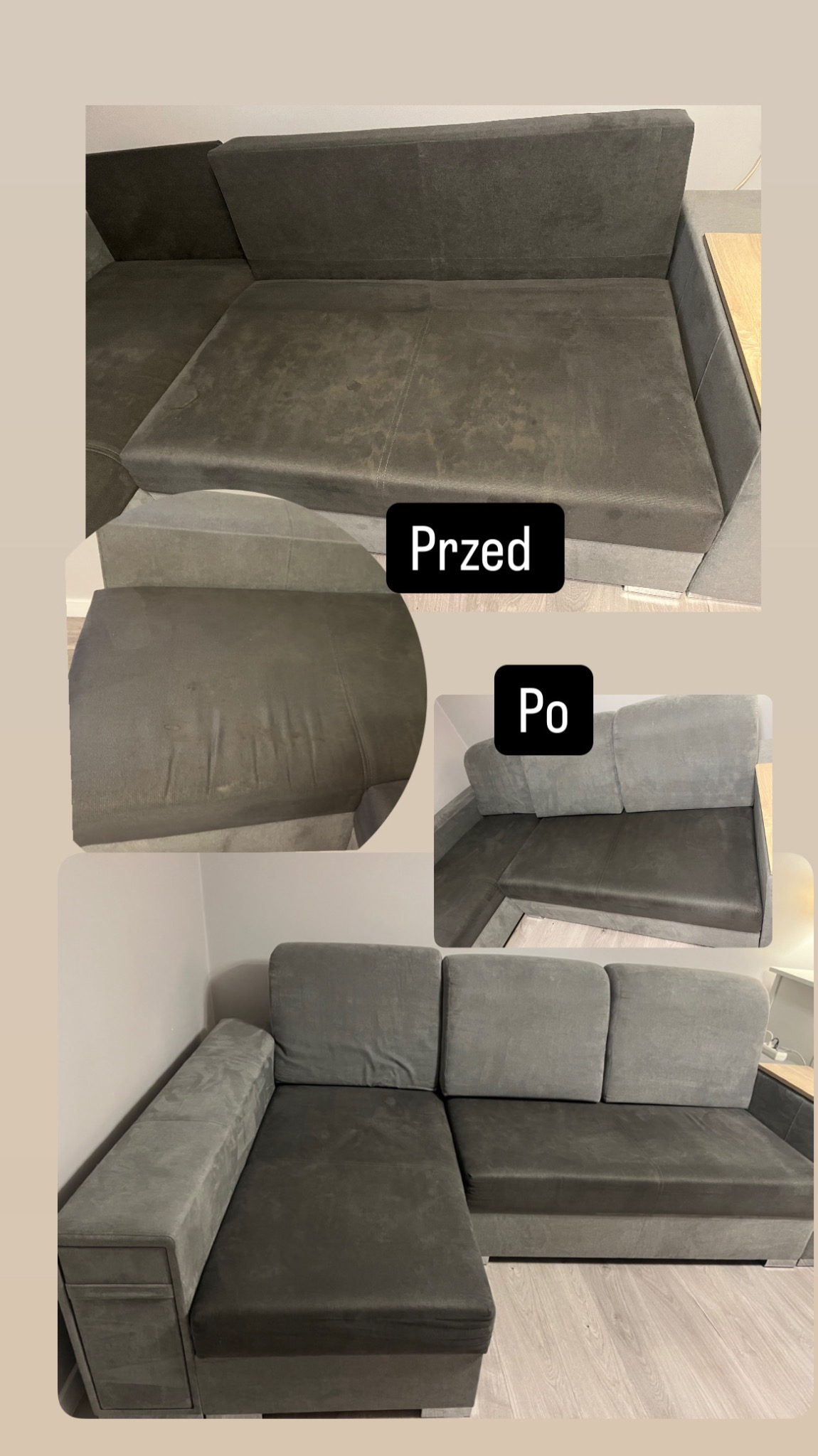 Kolaż przedstawiający narożnik z szarej tapicerki przed i po czyszczeniu, z widocznymi plamami na części 'przed' i odświeżonym wyglądem na części 'po'.