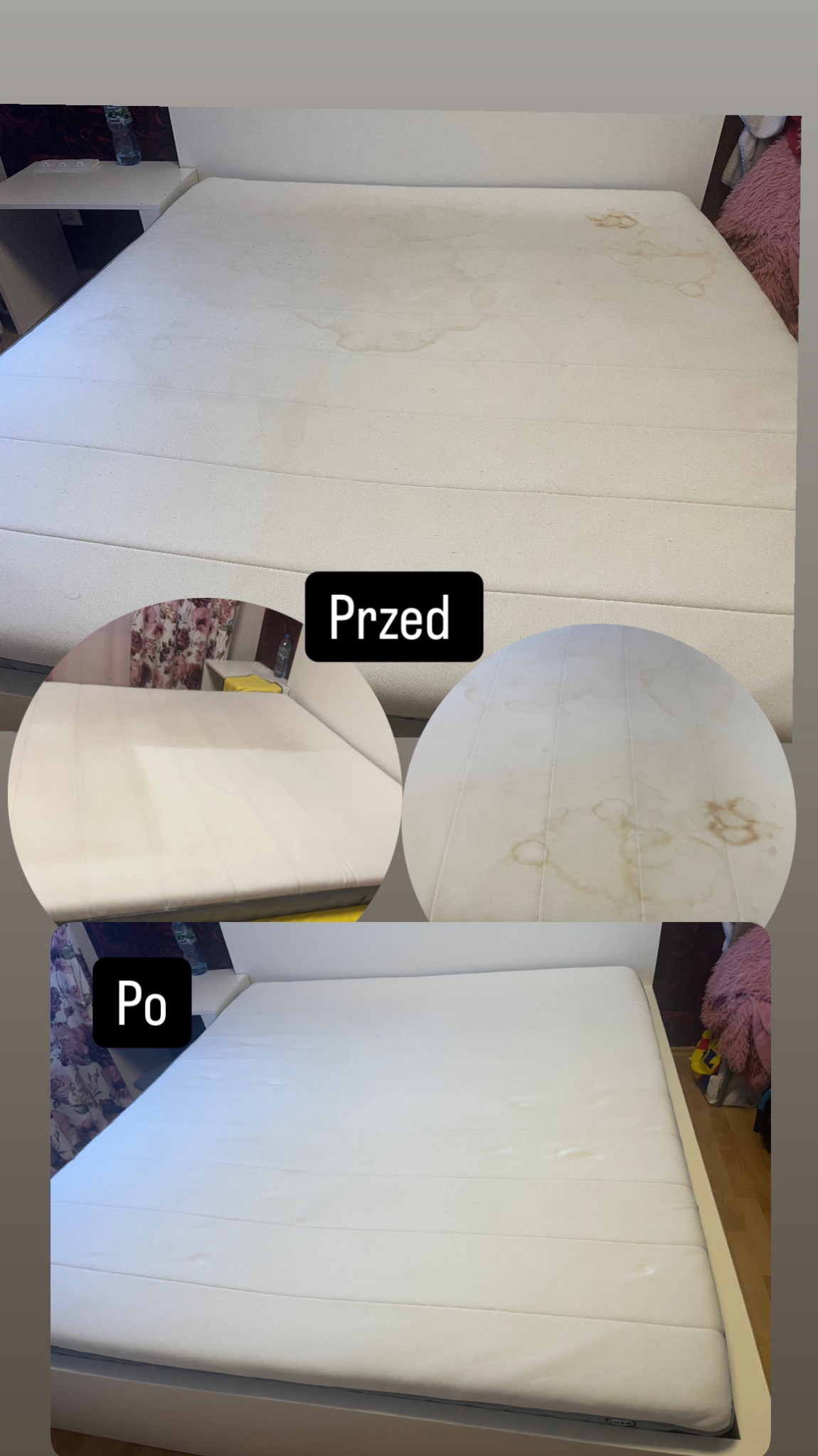 Zdjęcie przedstawia porównanie materaca przed i po czyszczeniu. Górna część pokazuje materac z widocznymi plamami, natomiast dolna część prezentuje ten sam materac po czyszczeniu, bez plam.