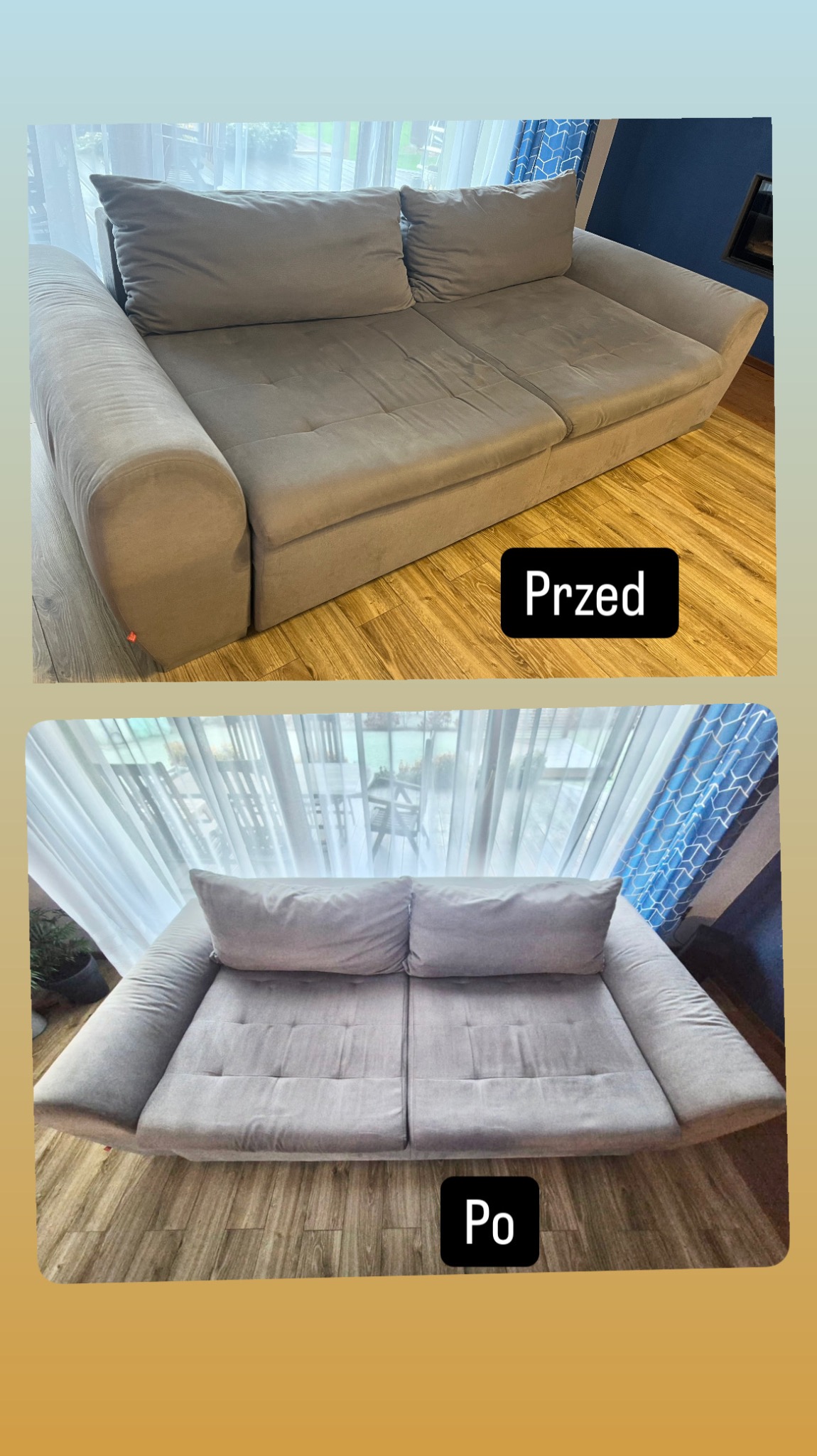 Porównanie stanu sofy przed i po czyszczeniu: widoczne różnice w odcieniu i czystości tapicerki, jasne drewniane panele podłogowe w obu ujęciach.