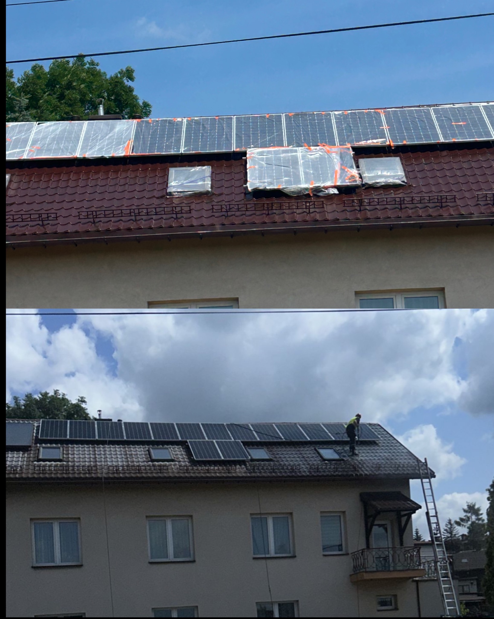 Porównanie dachu przed i po czyszczeniu paneli słonecznych. Górna część z panelami zakrytymi folią, dolna część z czyszczonymi panelami przez pracownika na dachu.