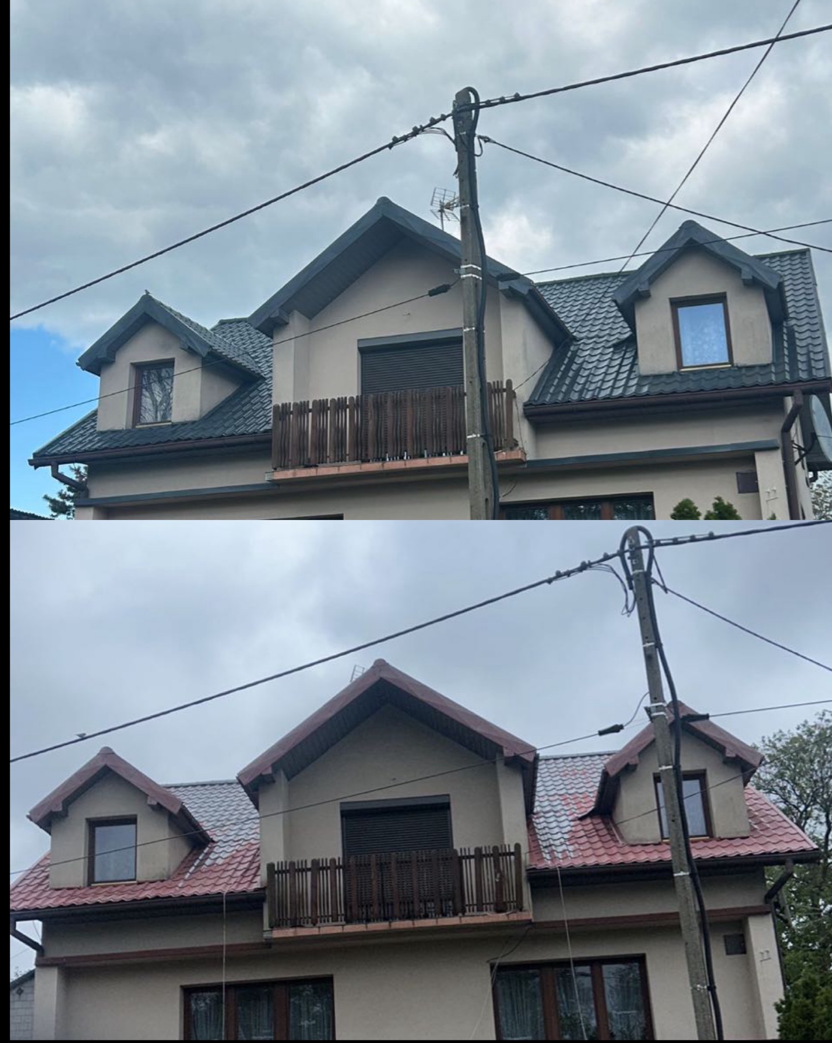 Zdjęcie 'przed i po' prezentujące dwukondygnacyjny dom z beżową elewacją i balkonem. Górna część pokazuje dom z szarym dachem, dolna z czerwonym. Widoczne przewody elektryczne.