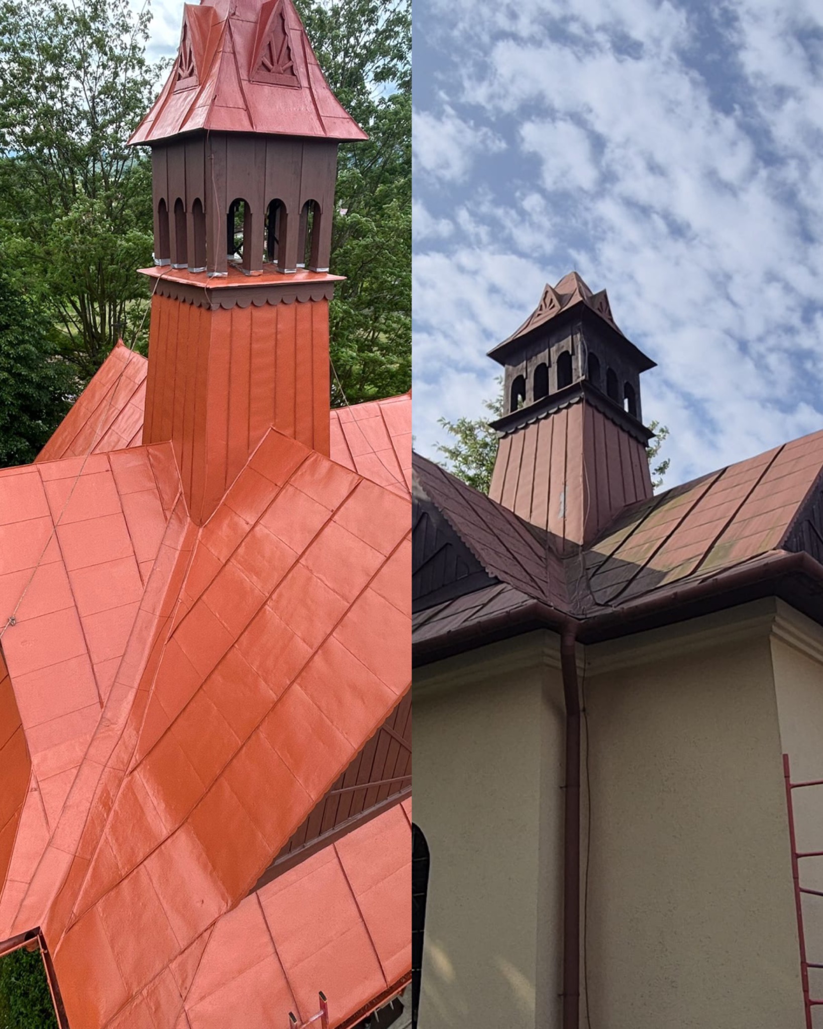 Efekt przed i po malowania dachu z wieżyczką w Wadowicach. Po lewej dach w odcieniu czerwieni, po prawej widać fragment elewacji i rynny. Błękitne niebo w tle.
