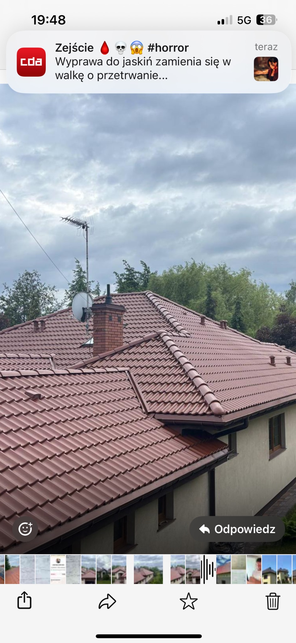 Czerwono-brązowy dach z dachówki ceramicznej, widoczny z perspektywy lekko z góry, z kominem z cegły i anteną satelitarną. Tło stanowią drzewa i pochmurne niebo.