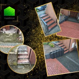 HamBruk - Kolaż zdjęć 'przed' i 'po' ukazujący metamorfozę schodów i podjazdu z kostki brukowej w odcieniach czerwieni i szarości, z obrzeżami z elementów betonowych.