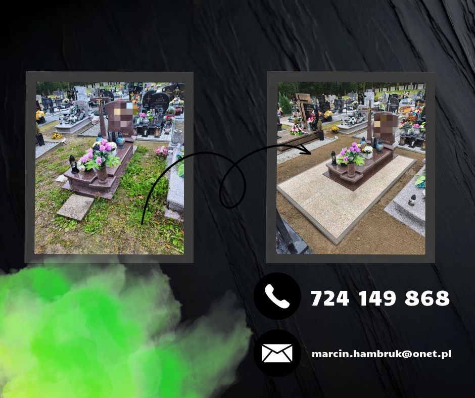 Nagrobek z granitu przed i po renowacji: zaniedbany grób zarośnięty trawą vs. odnowiony, z równo ułożoną kostką granitową i kwiatami. Widok na cmentarz.