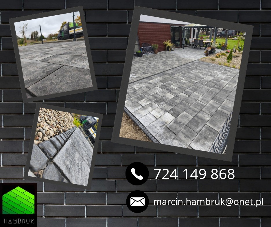 Aranżacja z kostki brukowej w trzech ujęciach: plac, taras z pergolą i obrzeże z kamykami. Prezentacja firmy brukarskiej na tle ściany z cegieł.