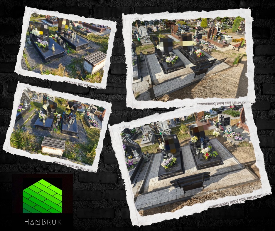 Kompozycja zdjęć nagrobków z kostki brukowej na cmentarzu, otoczonych zielenią i kwiatami, prezentowanych w formie kolażu z efektem postarzenia.